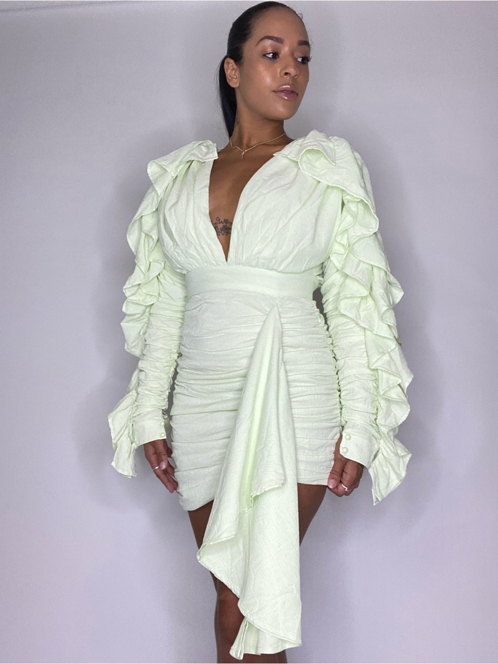 Ruffle-Sleeve Mini Dress in Light Green